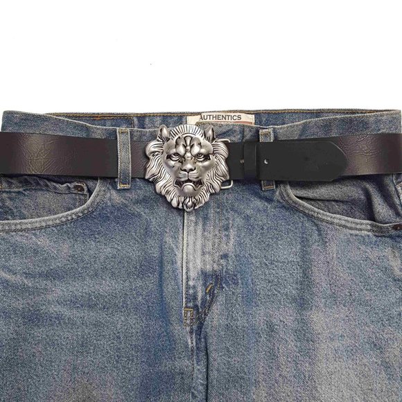 Silver Lion Buckle on a Black Belt - Picture 2 of 2